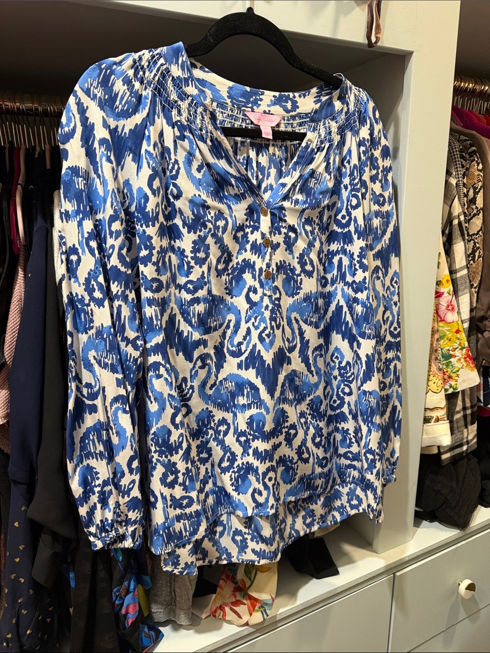 Lilly Pulitzer Blue and White Printed Long-Sleeve Blouse